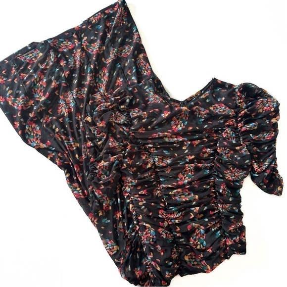 Free People Dress Womens XS Black Grunge Floral Ruched Midi - Picture 10 of 11